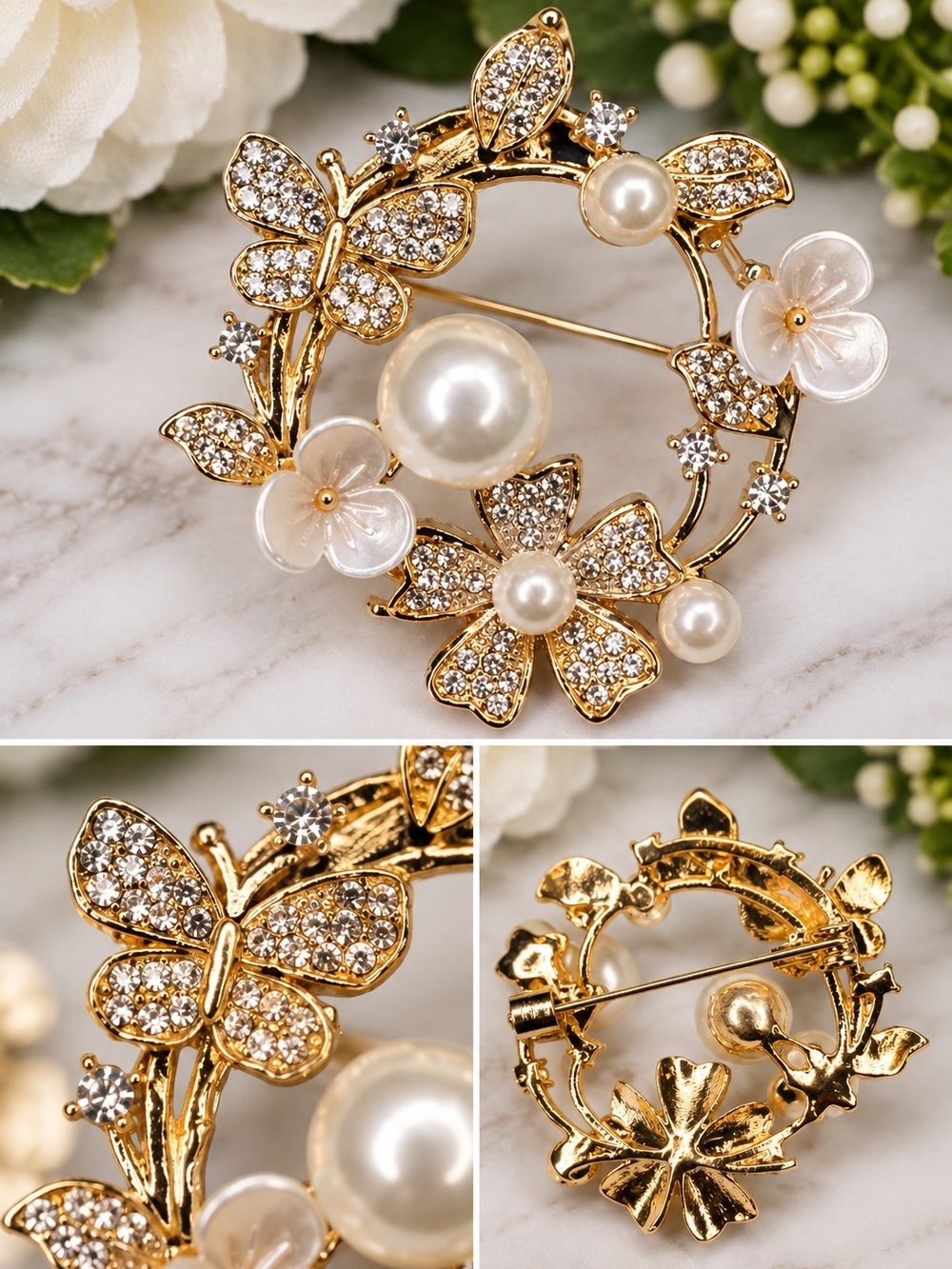 Gold Pearl & Crystal Floral Butterfly Brooch